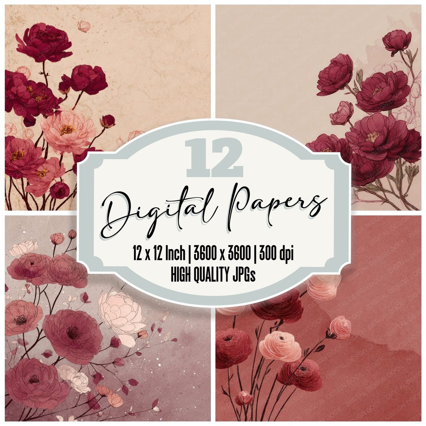 Wine Ranunculus Ink Background Digital Paper Pack (DDD000180)