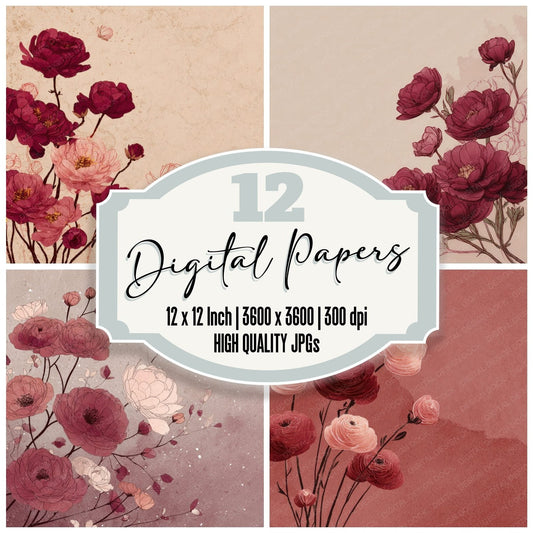Wine Ranunculus Ink Background Digital Paper Pack (DDD000180)