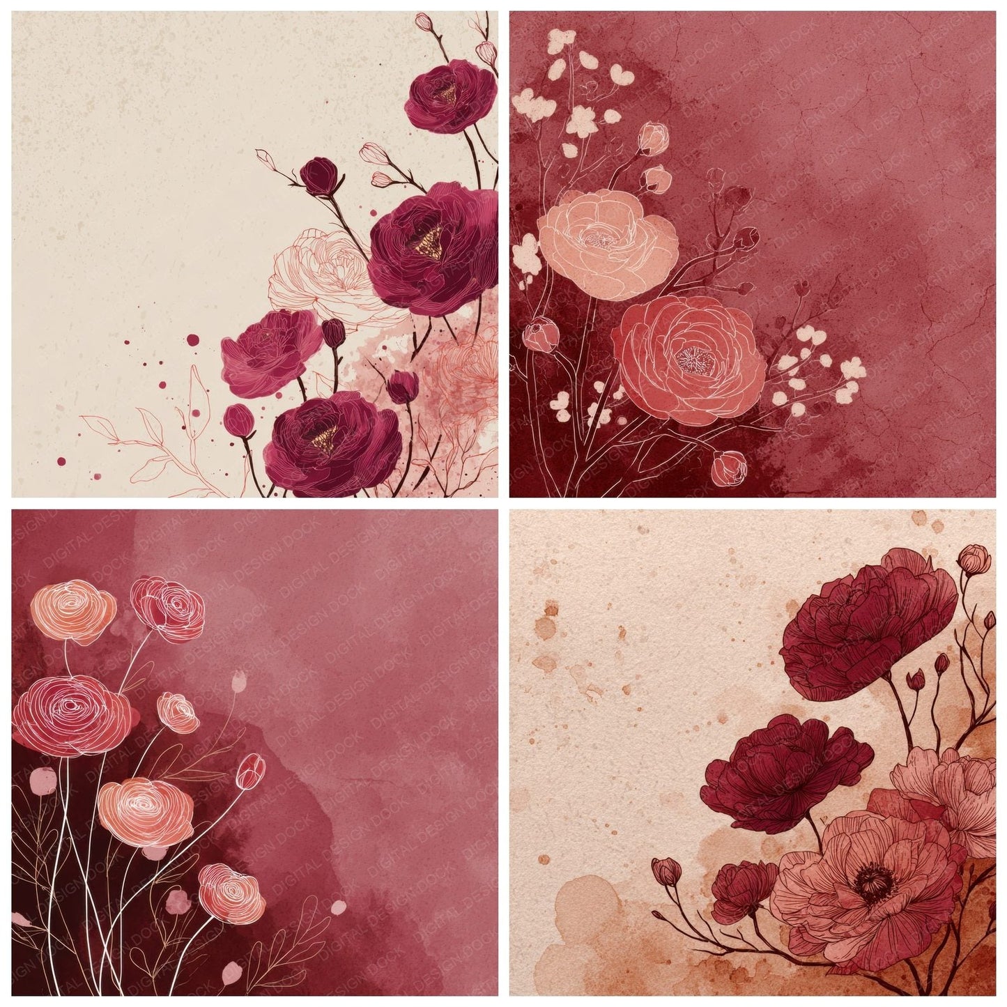Wine Ranunculus Ink Background Digital Paper Pack (DDD000180)