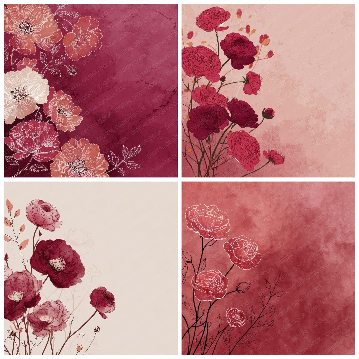 Wine Ranunculus Ink Background Digital Paper Pack (DDD000180)