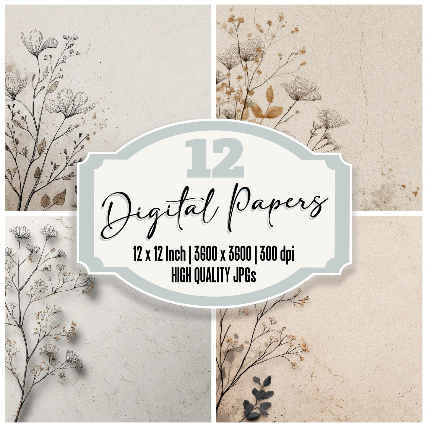 Chalk Botanical Ink Background Digital Paper Pack (DDD000183)