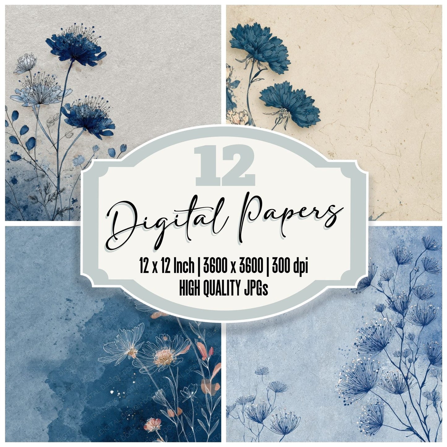 Denim Scabiosa Ink Background Digital Paper Pack (DDD000185)