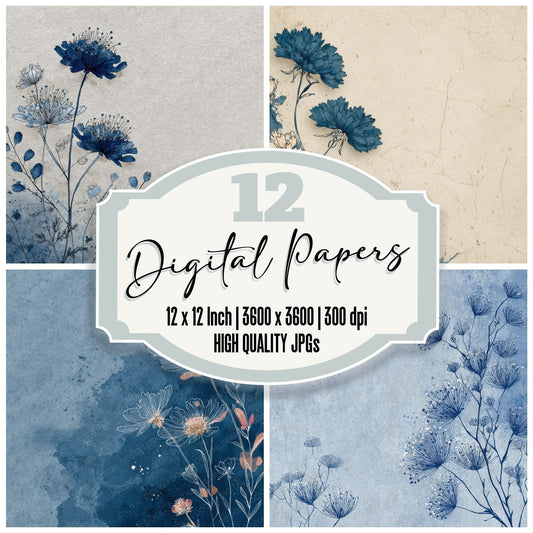 Denim Scabiosa Ink Background Digital Paper Pack (DDD000185)