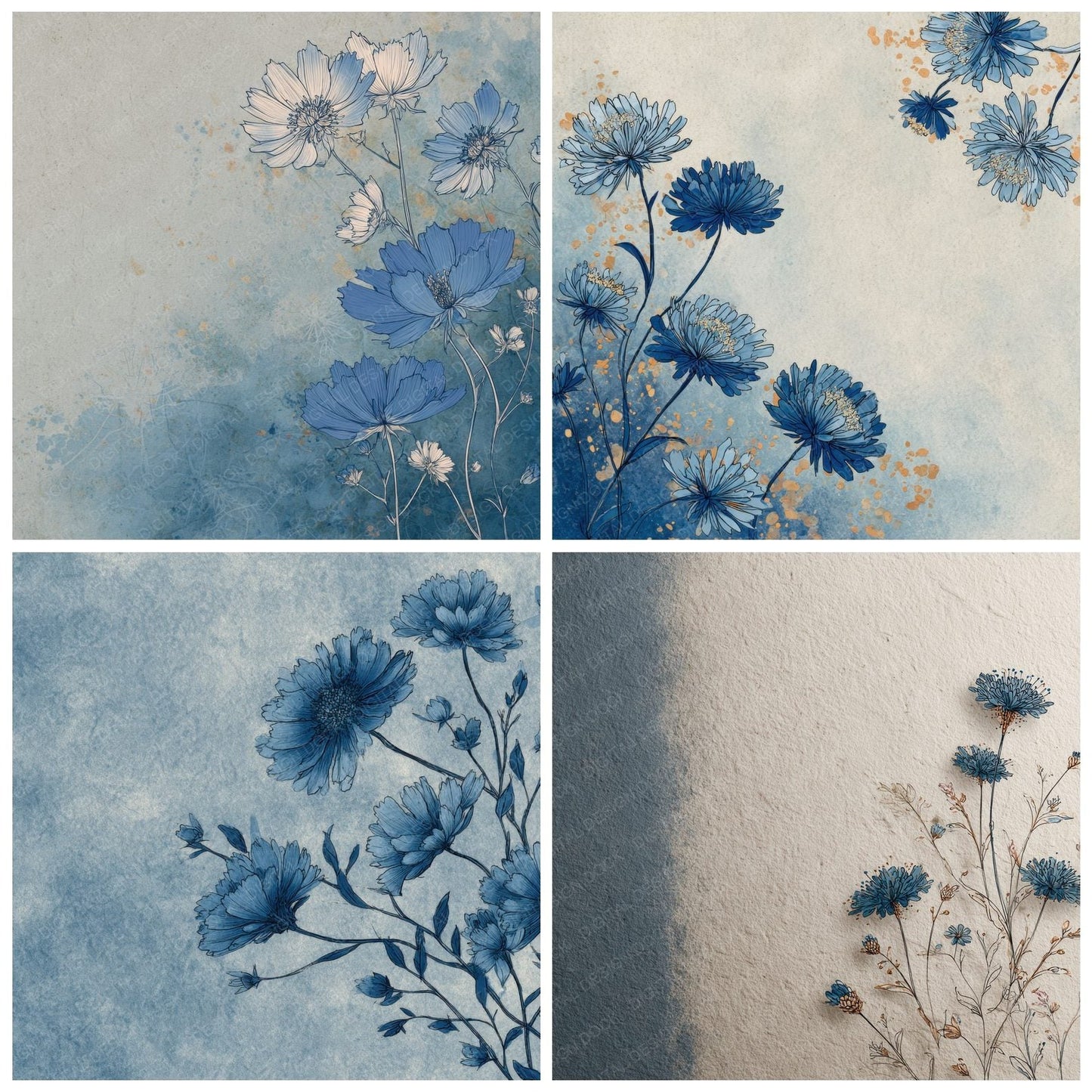 Denim Scabiosa Ink Background Digital Paper Pack (DDD000185)