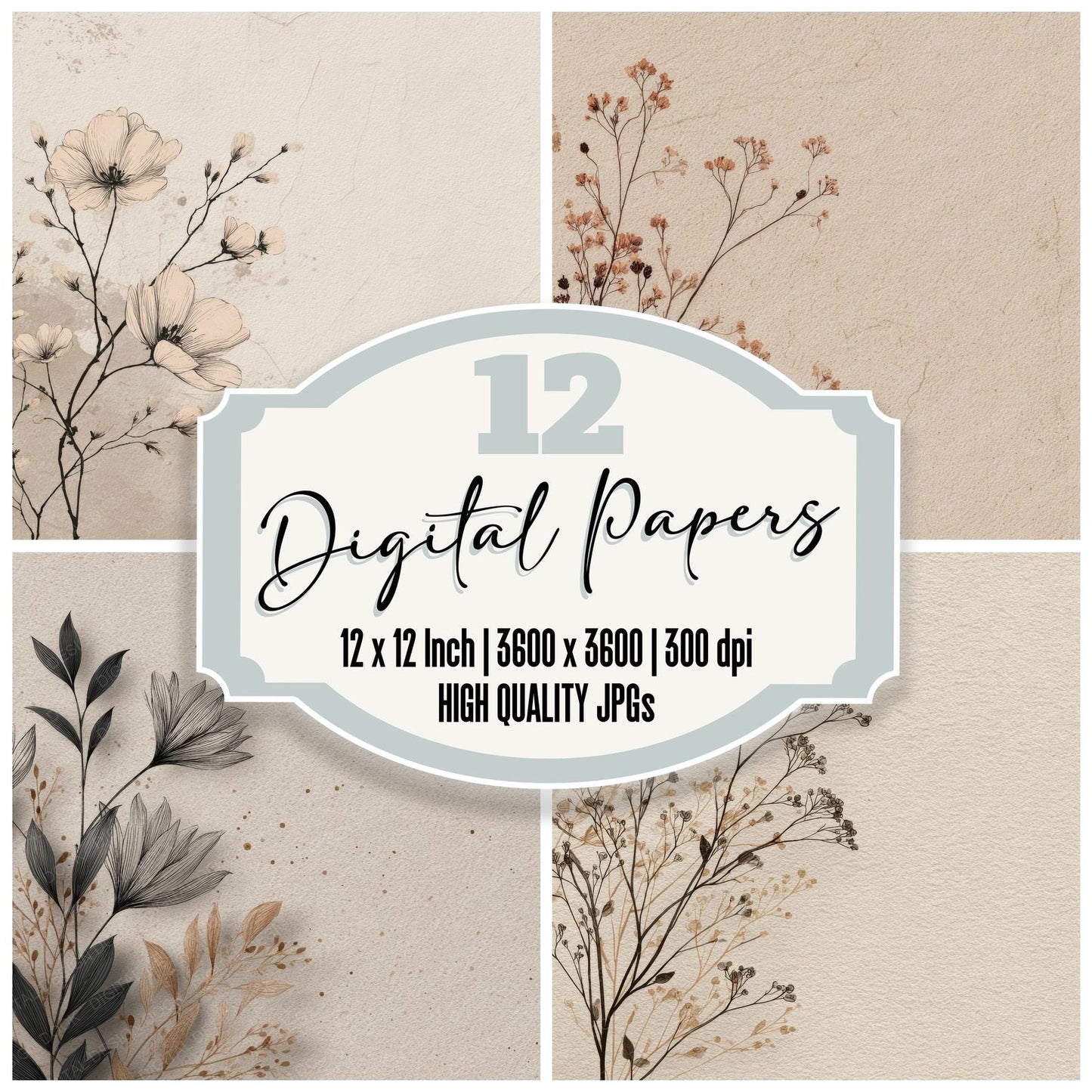 Driftwood Botanical Ink Background Digital Paper Pack (DDD000186)