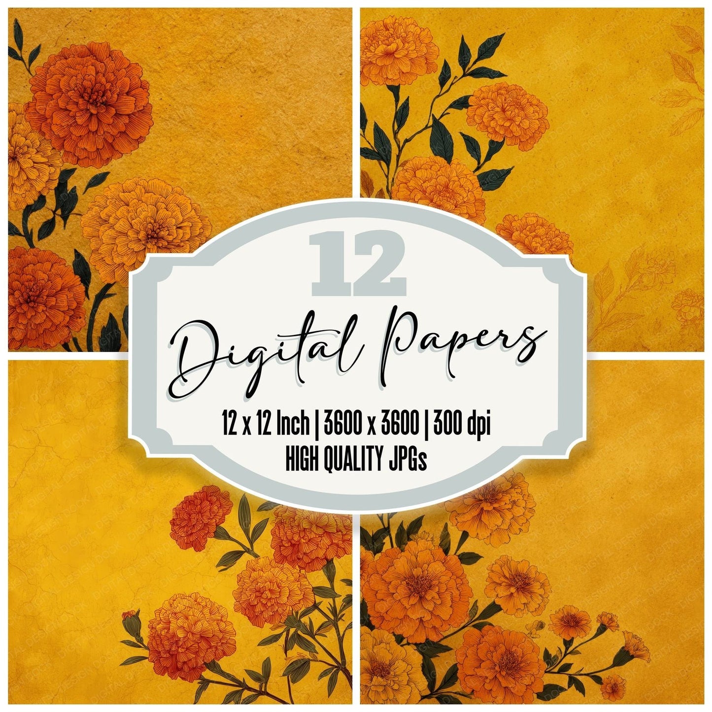 Mustard Marigold Ink Background Digital Paper Pack (DDD000189)