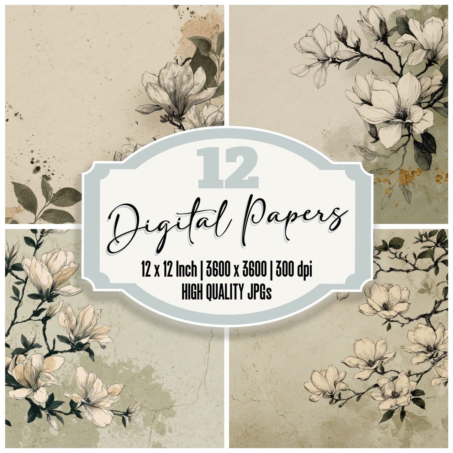 Olive Magnolia Ink Background Digital Paper Pack (DDD000190)