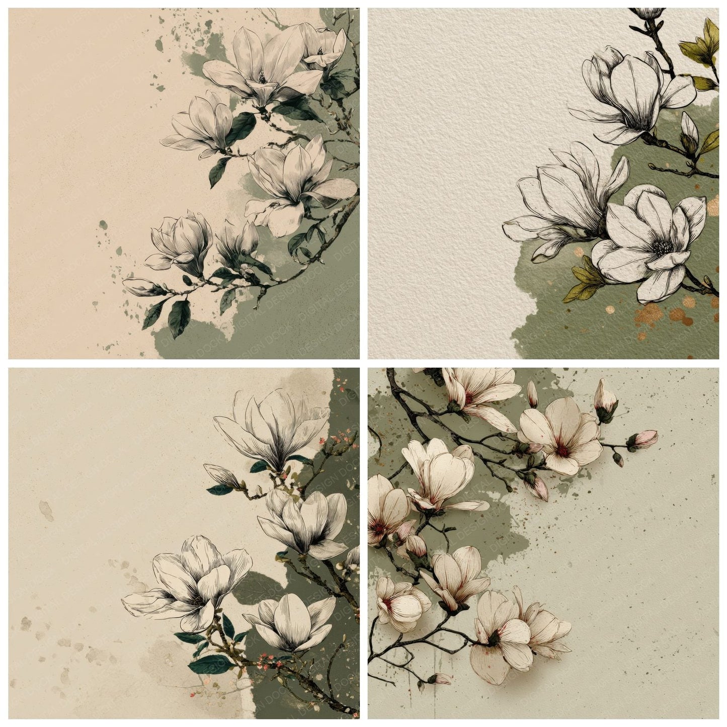 Olive Magnolia Ink Background Digital Paper Pack (DDD000190)