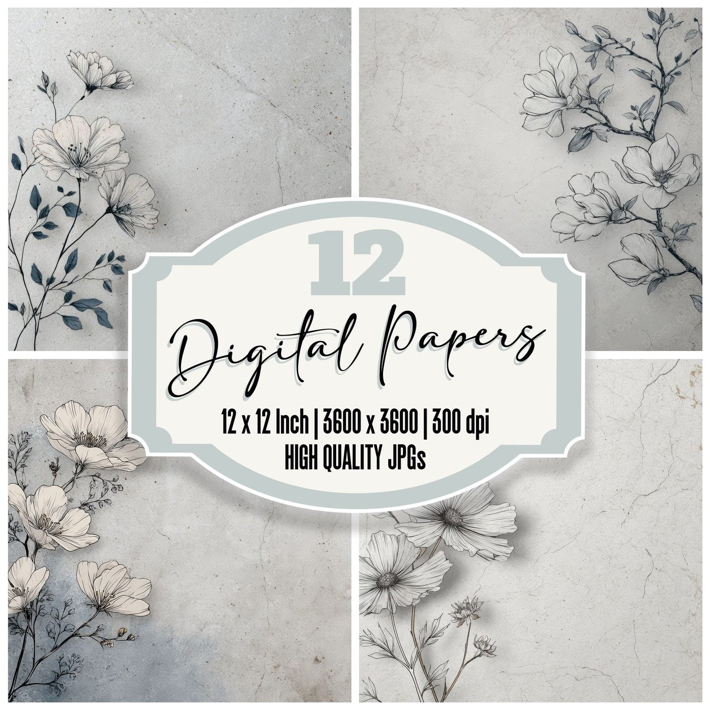 Stone Botanical Ink Background Digital Paper Pack (DDD000198)