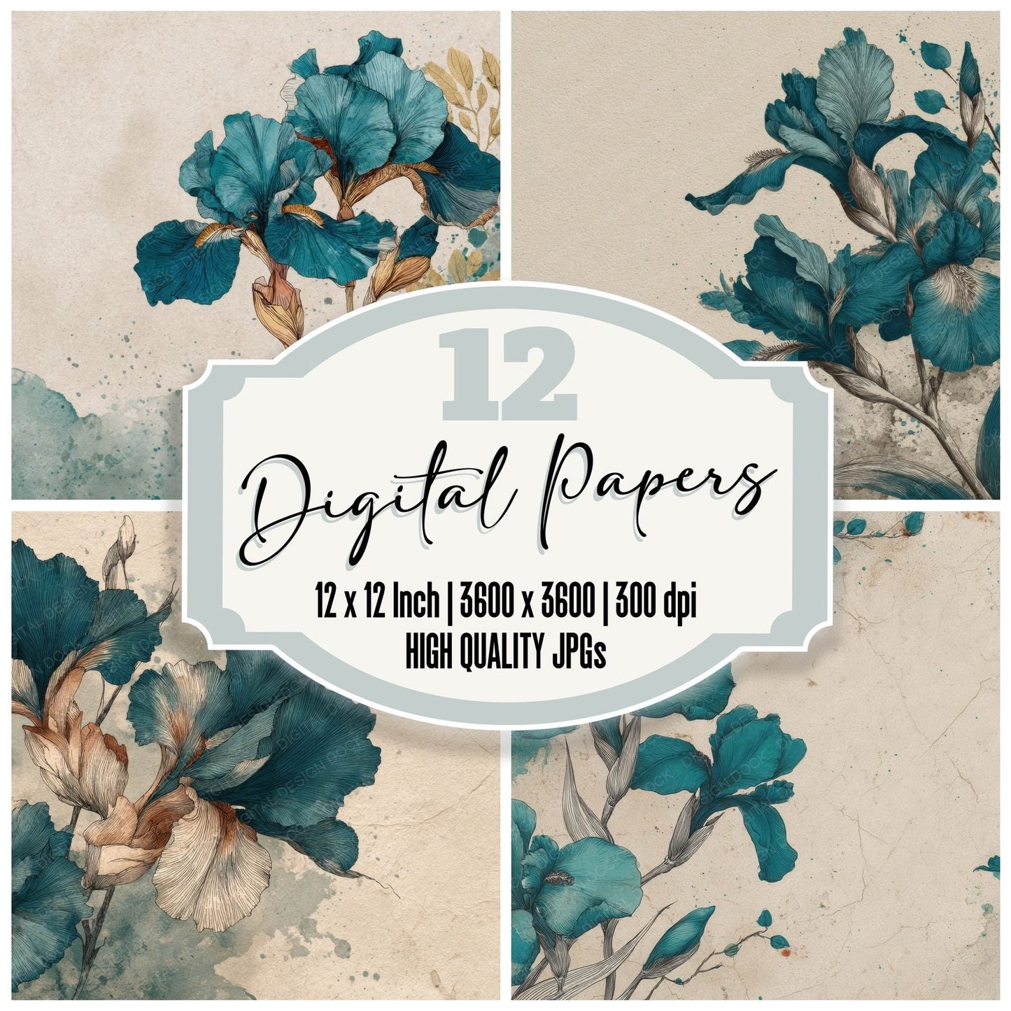 Teal Iris Ink Background Digital Paper Pack (DDD000199)