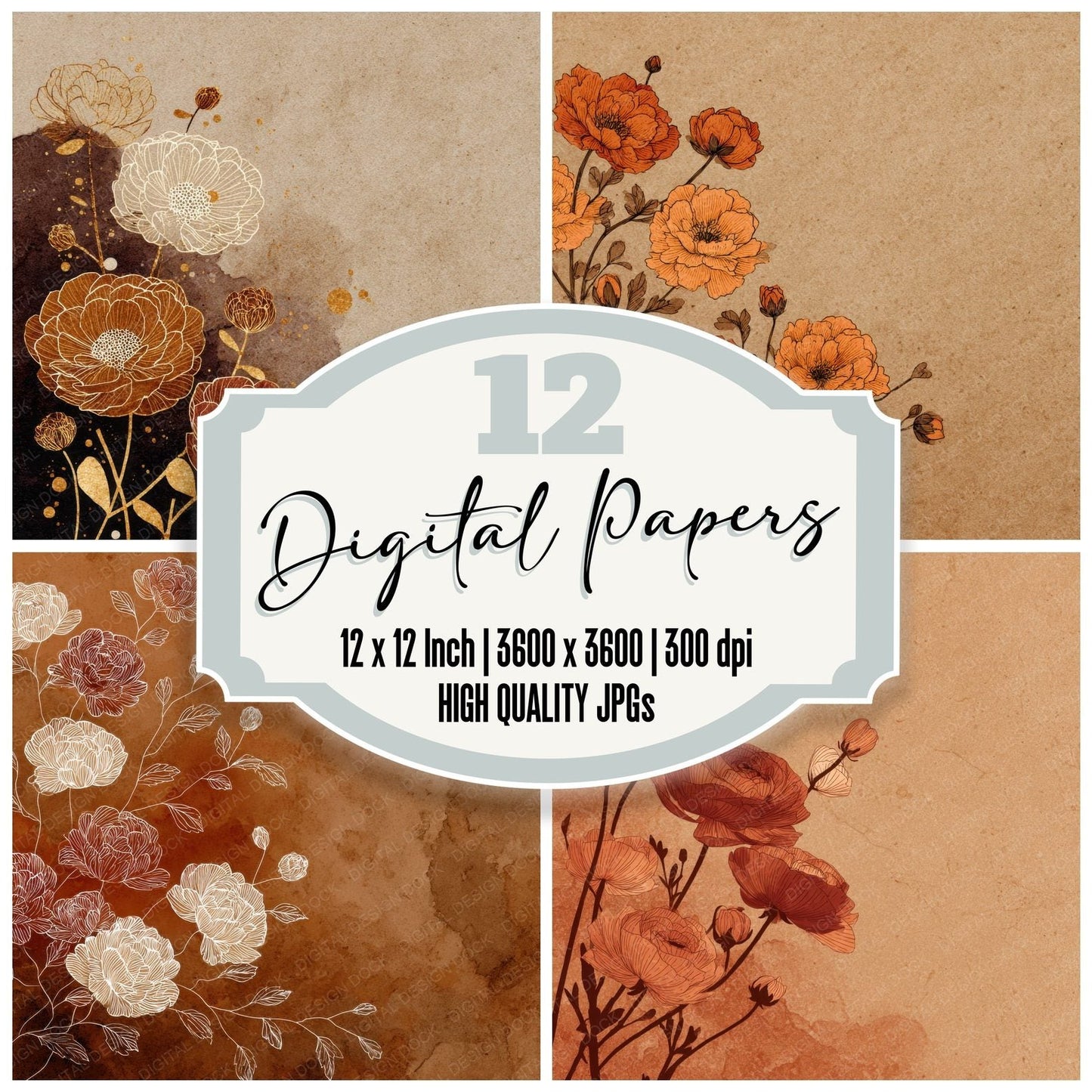 Umber Ranunculus Ink Background Digital Paper Pack (DDD000200)
