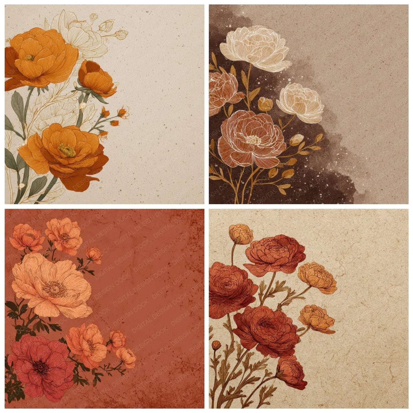 Umber Ranunculus Ink Background Digital Paper Pack (DDD000200)