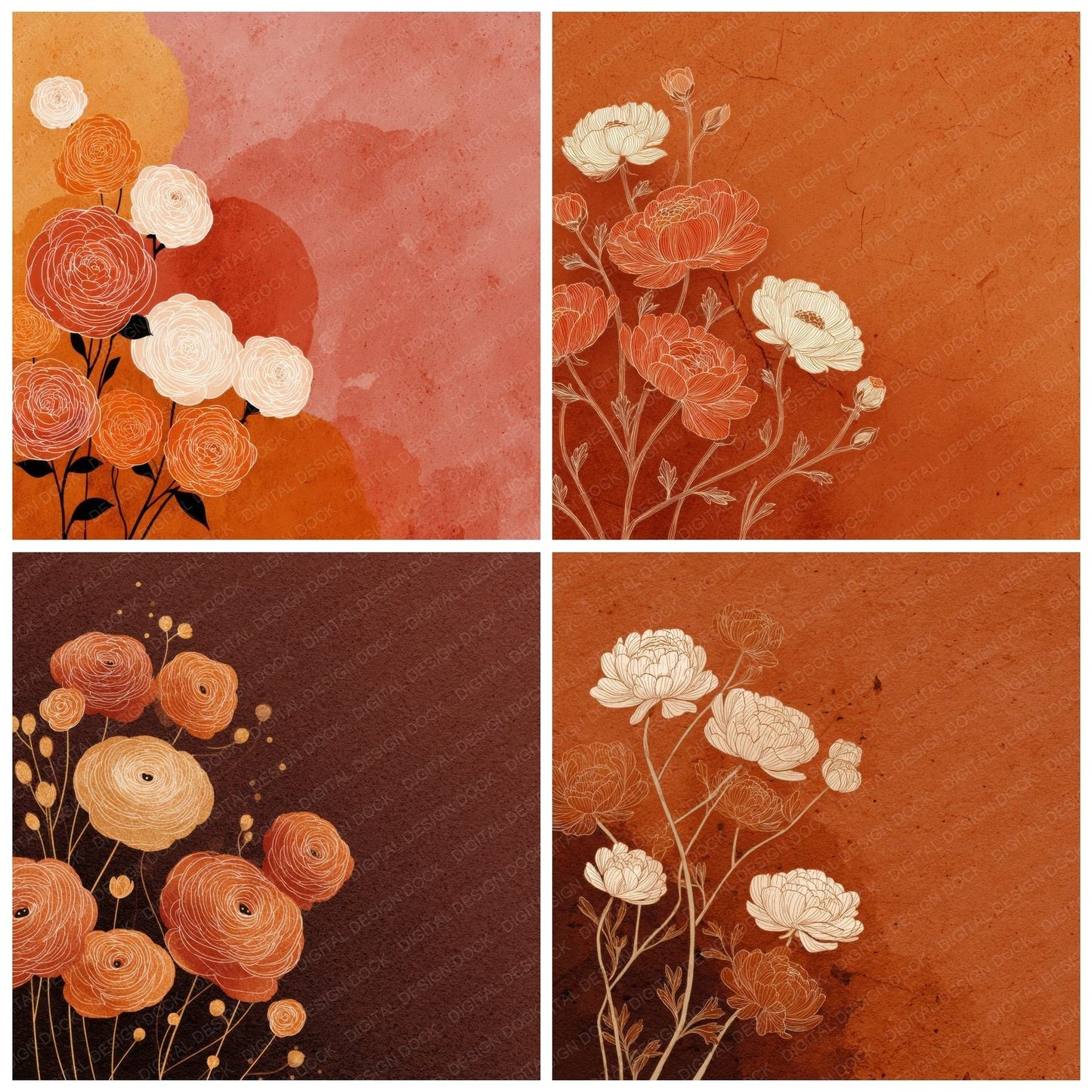 Umber Ranunculus Ink Background Digital Paper Pack (DDD000200)