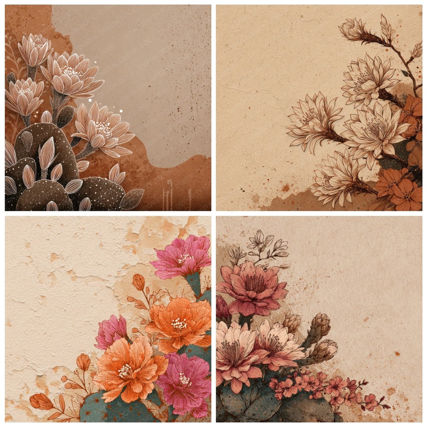 Adobe Cactus Flower Ink Background Digital Paper Pack (DDD000201)