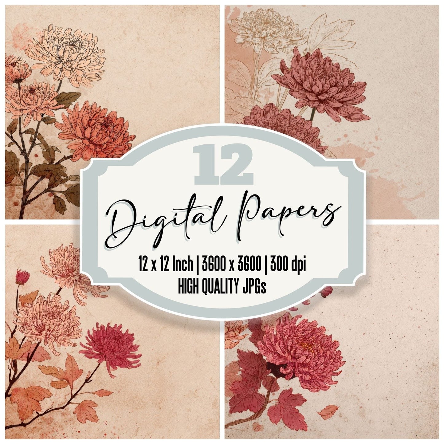 Blush Floral Ink Edge Background Digital Paper Pack (DDD000202)