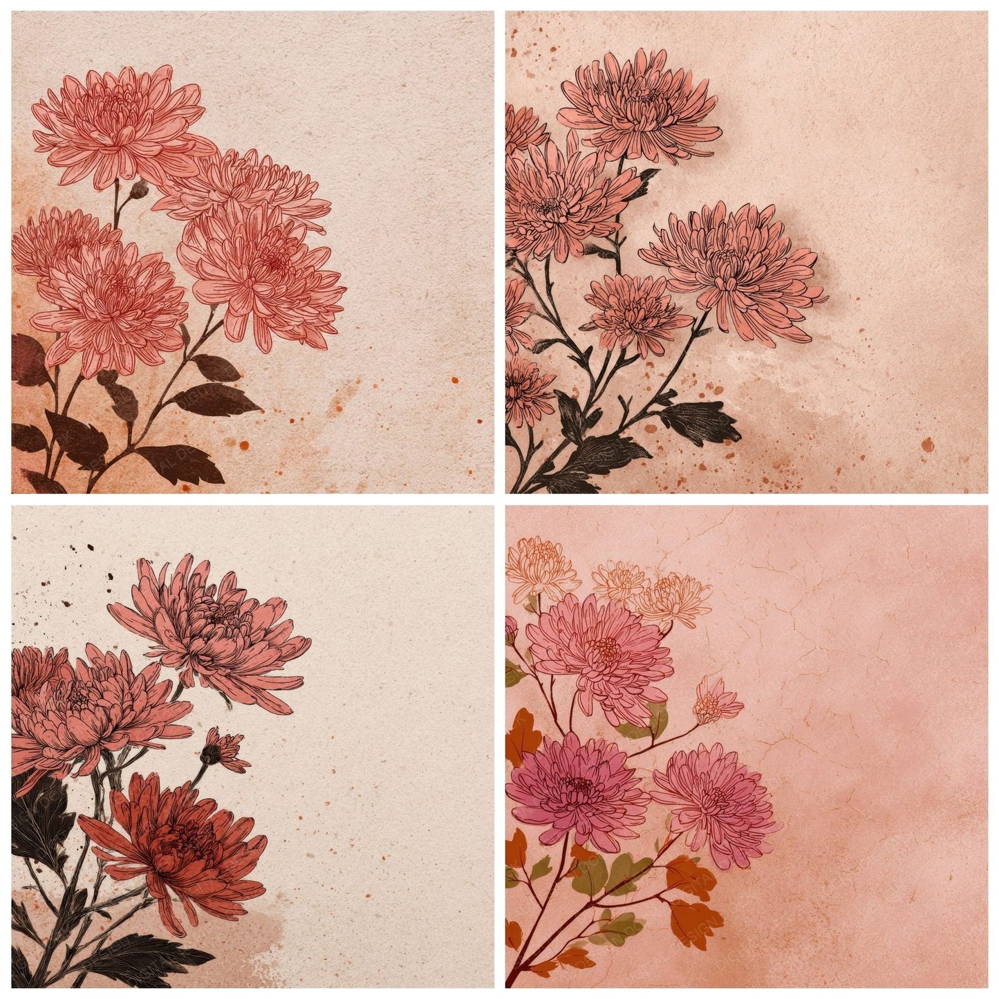 Blush Floral Ink Edge Background Digital Paper Pack (DDD000202)