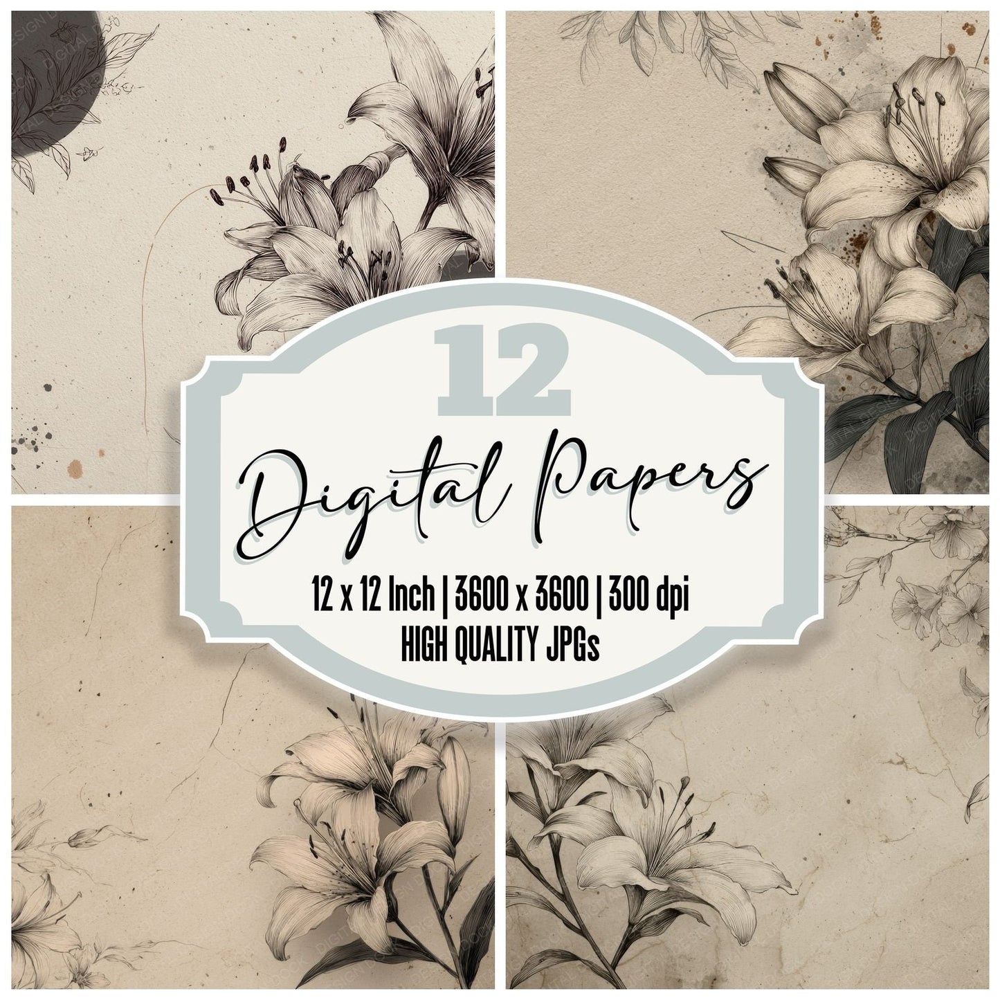 Charcoal Lily Ink Background Digital Paper Pack (DDD000204)