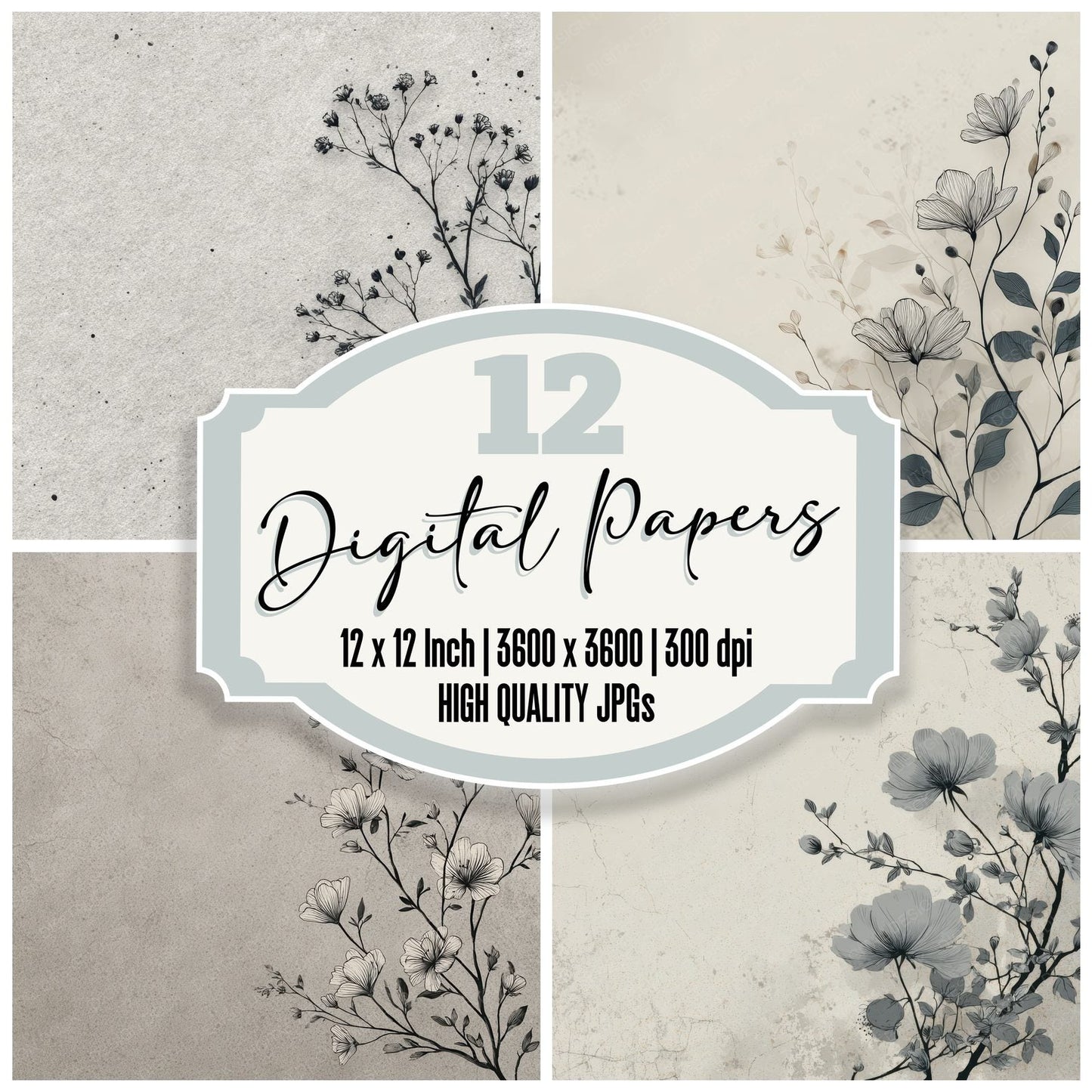 Cloud Botanical Ink Background Digital Paper Pack (DDD000205)