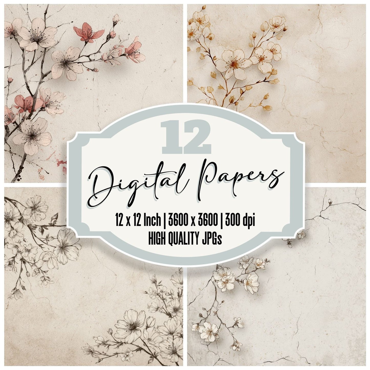 Fading Floral Ink Outline Background Digital Paper Pack (DDD000209)