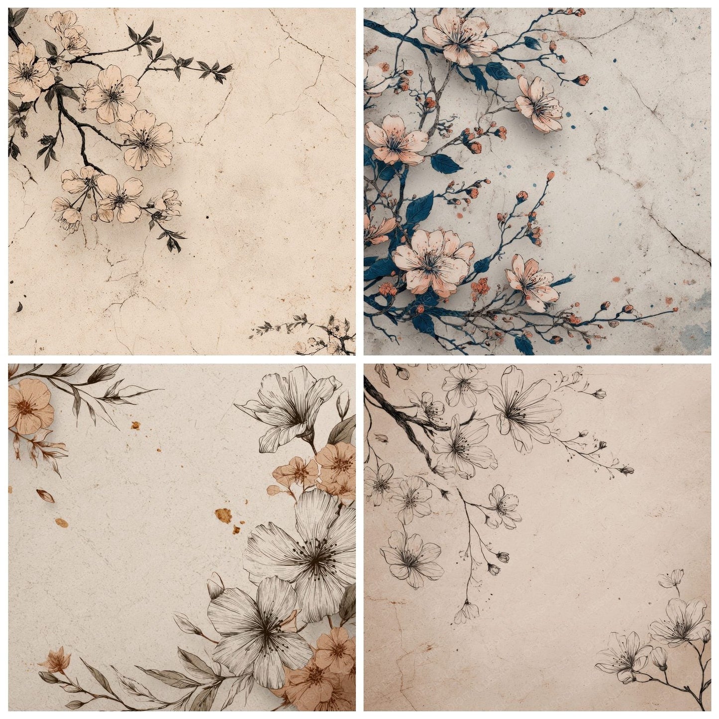 Fading Floral Ink Outline Background Digital Paper Pack (DDD000209)