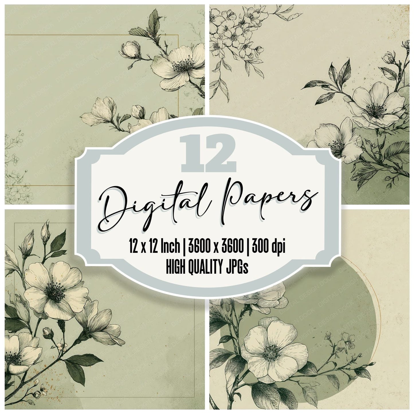 Green Floral Line Background Digital Paper Pack (DDD000211)