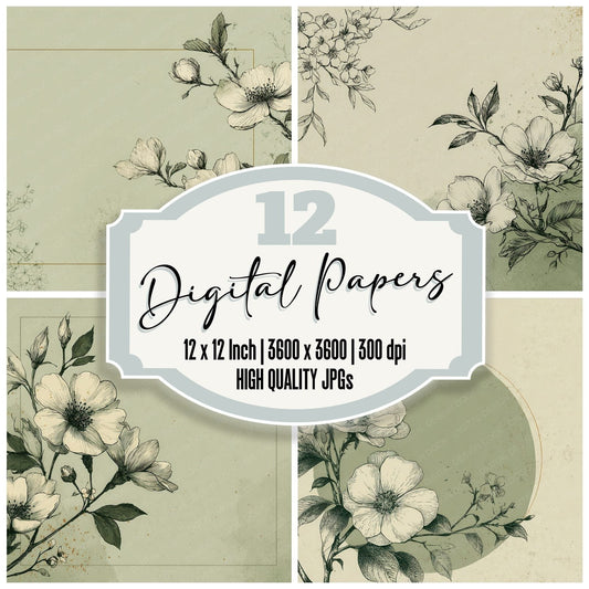 Green Floral Line Background Digital Paper Pack (DDD000211)