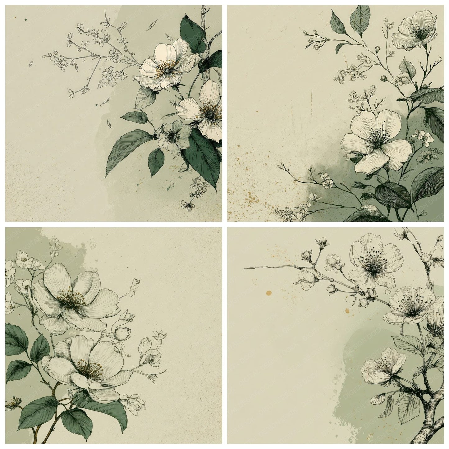 Green Floral Line Background Digital Paper Pack (DDD000211)