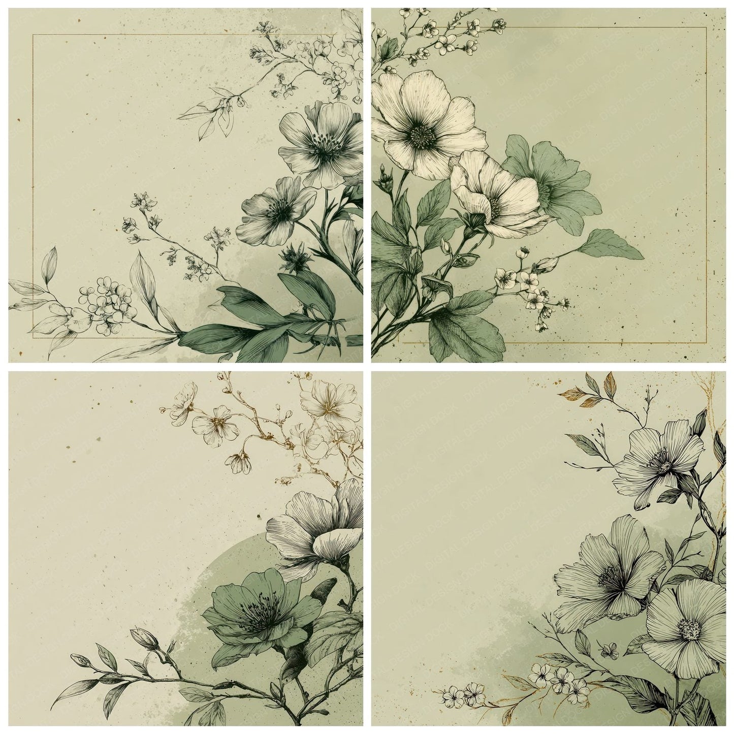 Green Floral Line Background Digital Paper Pack (DDD000211)