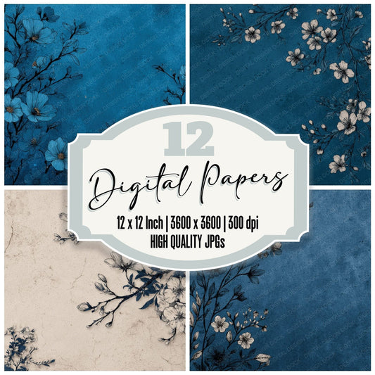 Indigo Floral Ink Background Digital Paper Pack (DDD000212)