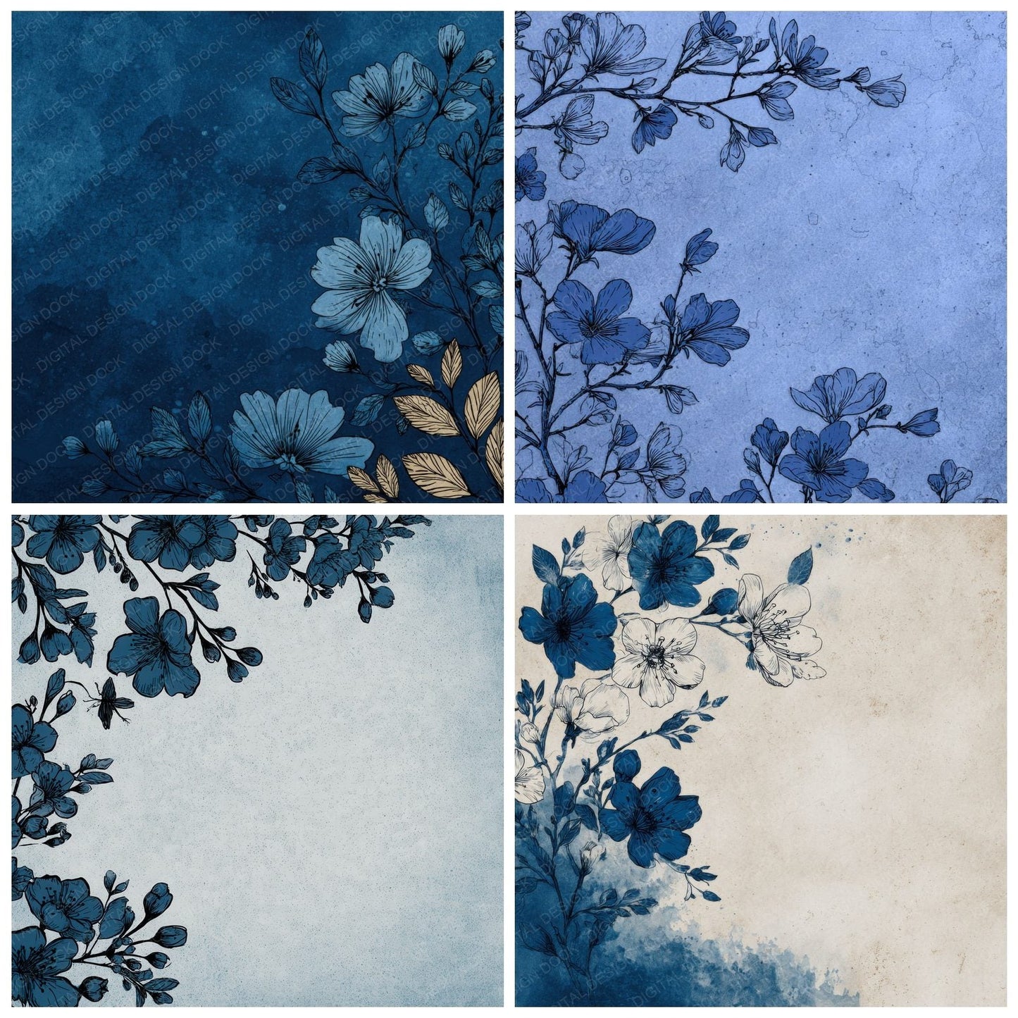 Indigo Floral Ink Background Digital Paper Pack (DDD000212)