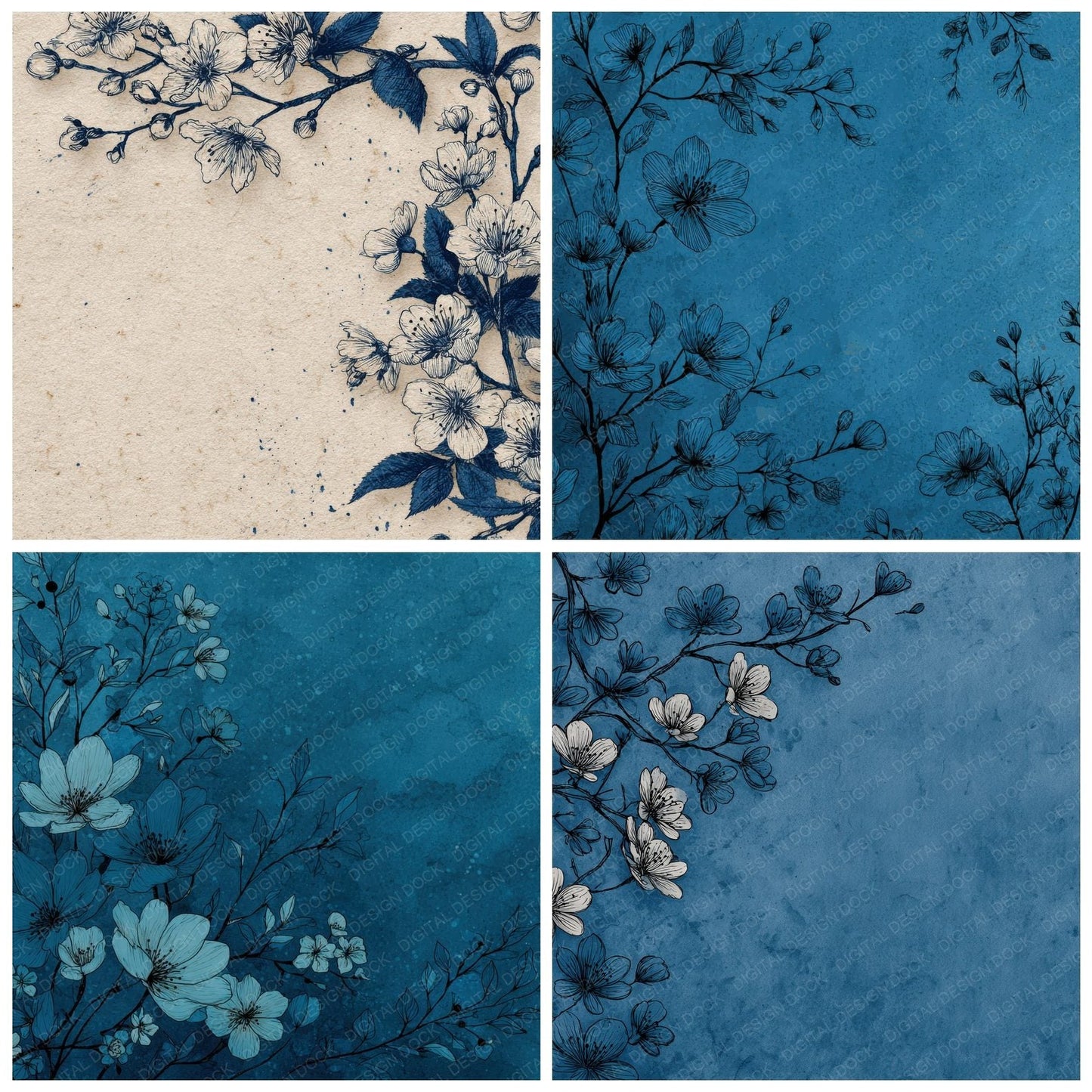 Indigo Floral Ink Background Digital Paper Pack (DDD000212)