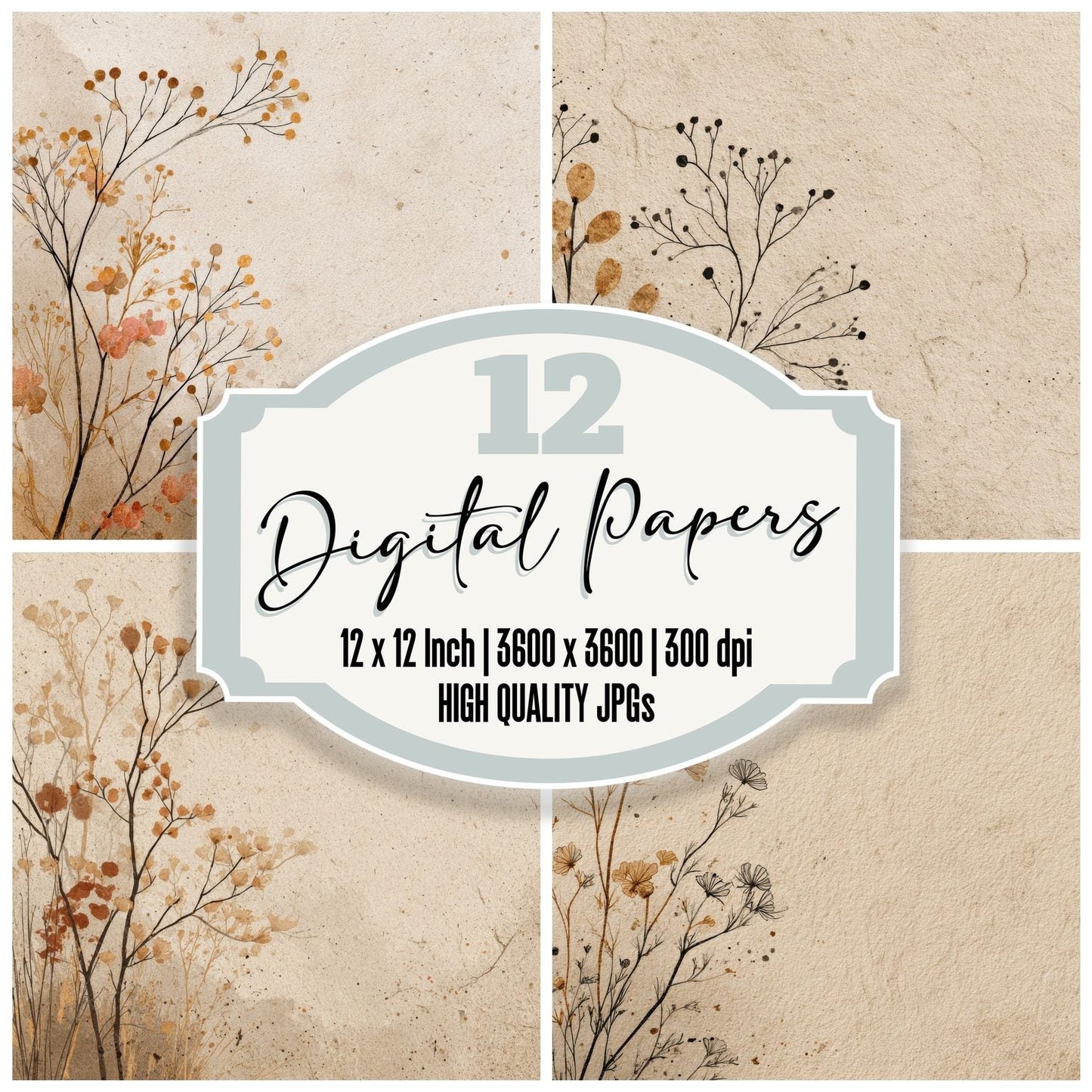 Oat Botanical Corner Ink Background Digital Paper Pack (DDD000215)