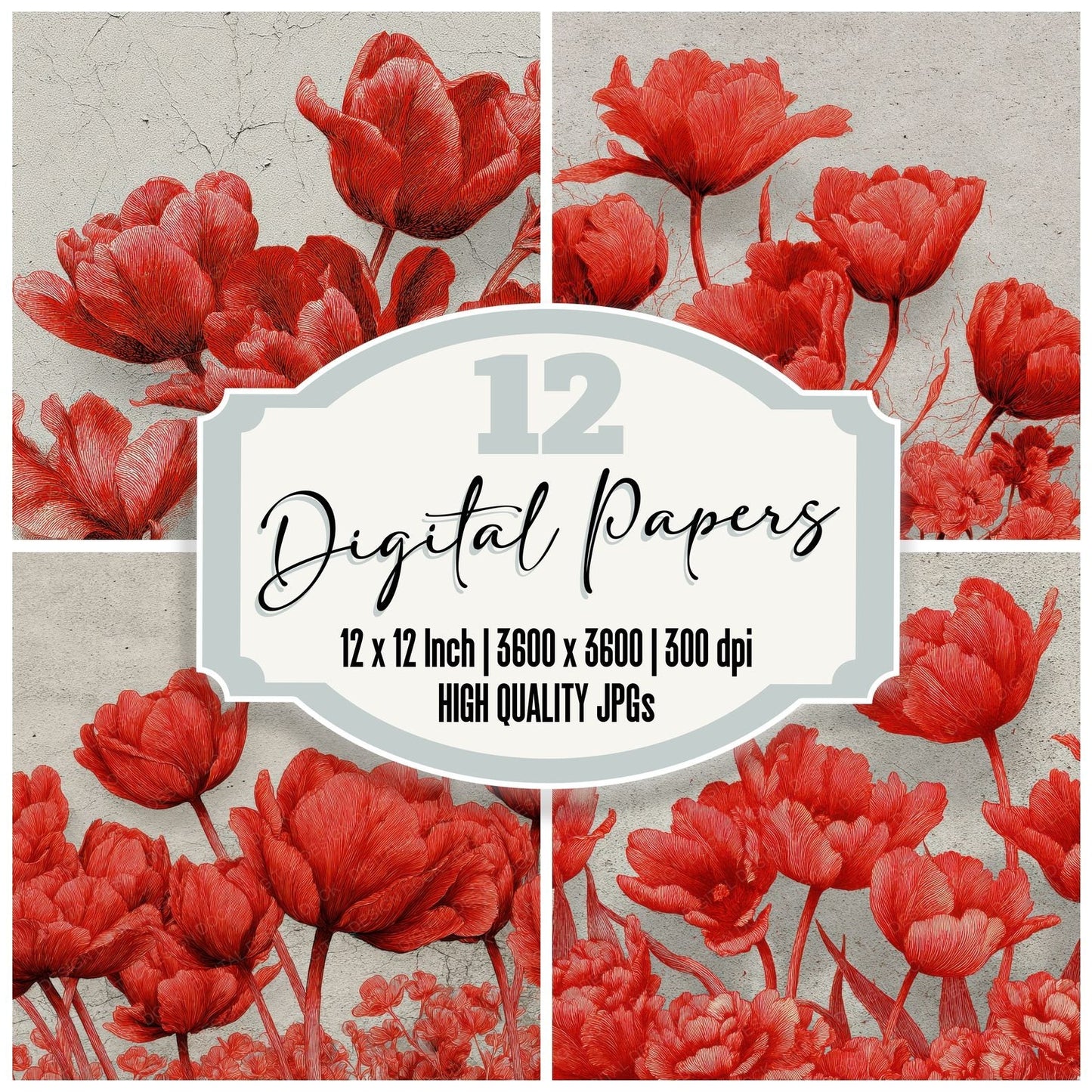 Red Tulip Ink Sketch Background Digital Paper Pack (DDD000217)