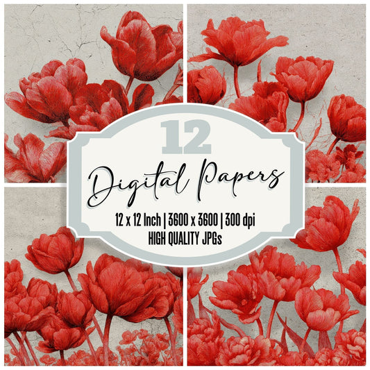 Red Tulip Ink Sketch Background Digital Paper Pack (DDD000217)