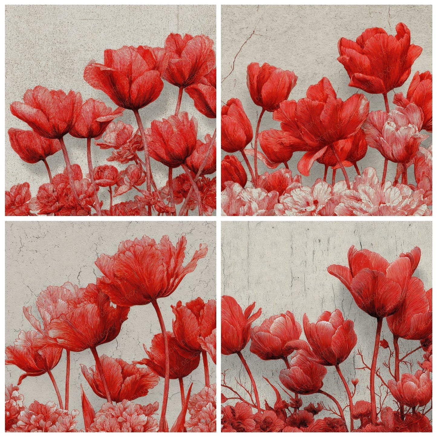 Red Tulip Ink Sketch Background Digital Paper Pack (DDD000217)