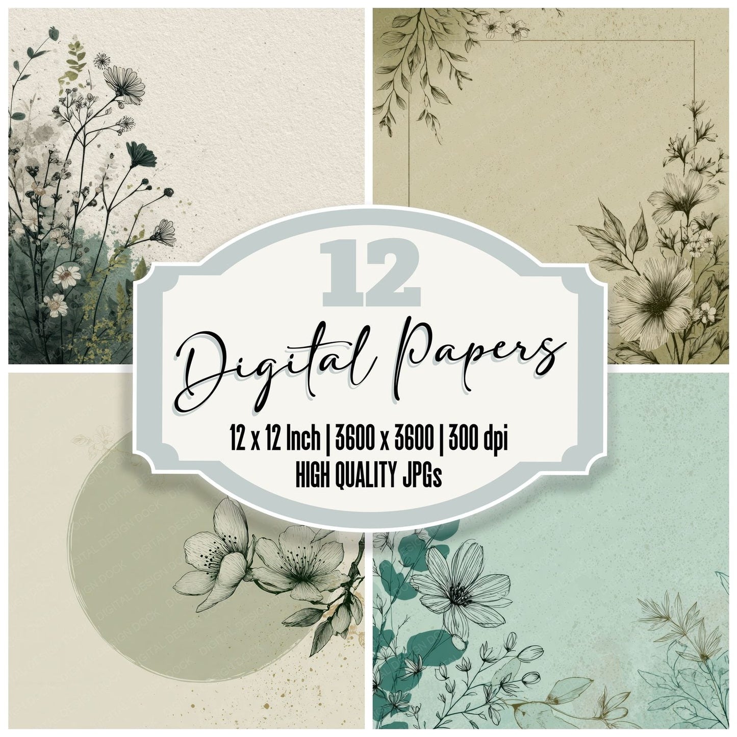 Sage Floral Line Background Digital Paper Pack (DDD000218)