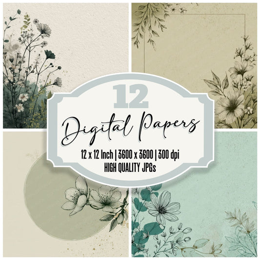 Sage Floral Line Background Digital Paper Pack (DDD000218)