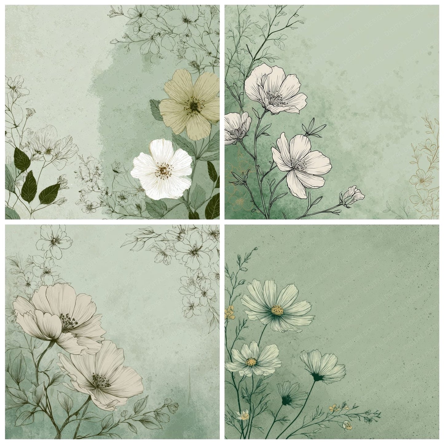Sage Floral Line Background Digital Paper Pack (DDD000218)