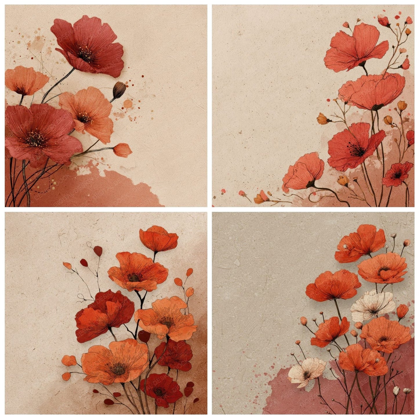 Terracotta Floral Outline Background Digital Paper Pack (DDD000219)