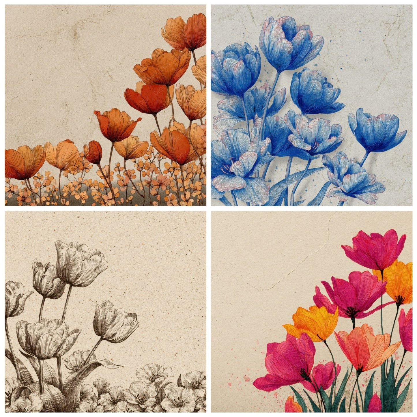 Tulip Ink Border Background Digital Paper Pack (DDD000220)