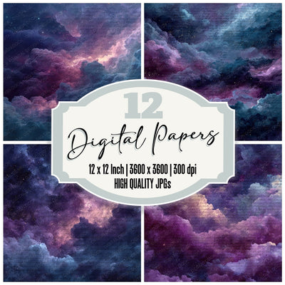 Cosmic Night Script Cloud Background digital paper pack cover showing four of the 12 papers