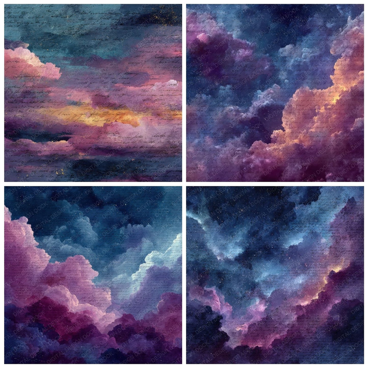 Cosmic Night Script Cloud Background Digital Paper Pack (DDD000225)