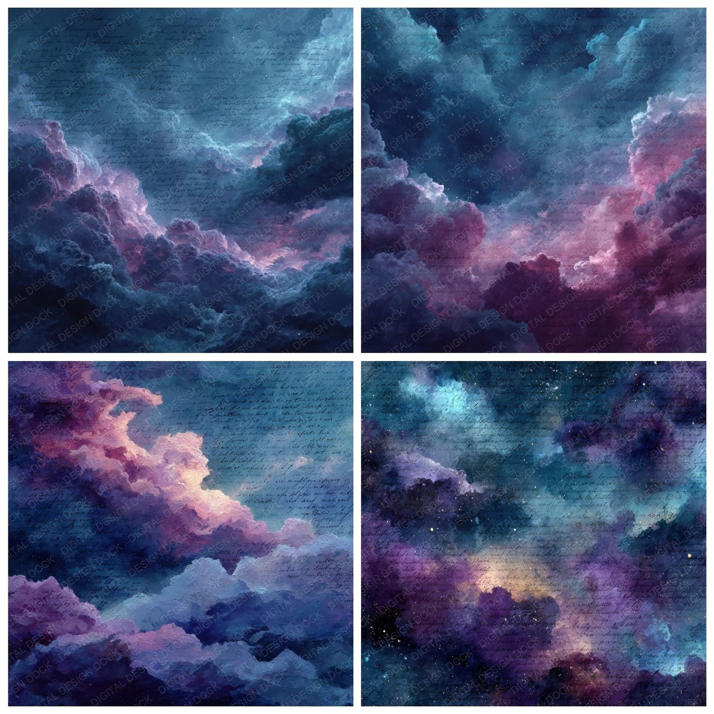 Cosmic Night Script Cloud Background Digital Paper Pack (DDD000225)