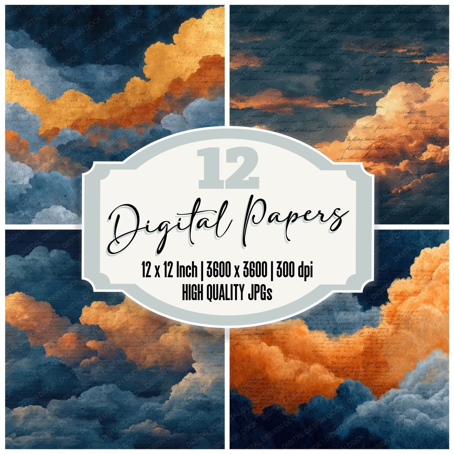High Contrast Evening Script Cloud Background Digital Paper Pack (DDD000228)