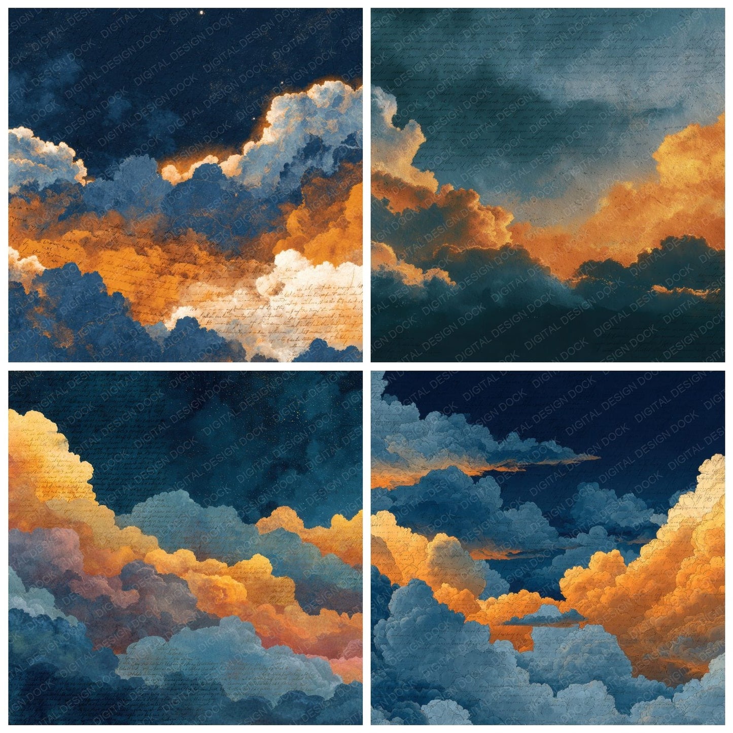 High Contrast Evening Script Cloud Background Digital Paper Pack (DDD000228)