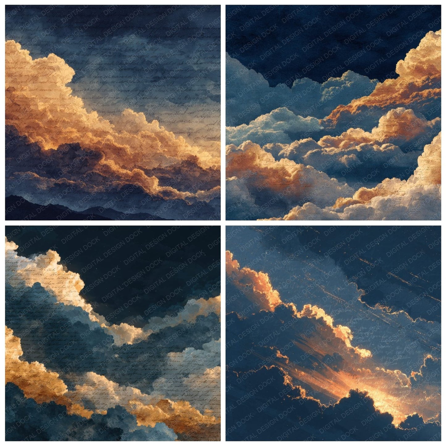 High Contrast Evening Script Cloud Background Digital Paper Pack (DDD000228)