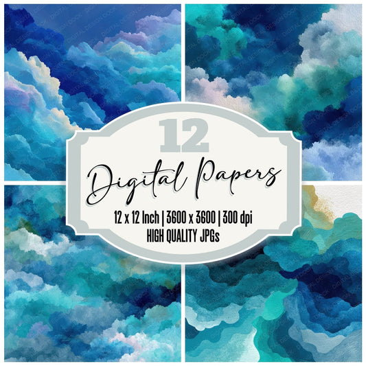 Blue Abstract Script Cloud Background Digital Paper Pack (DDD000243)
