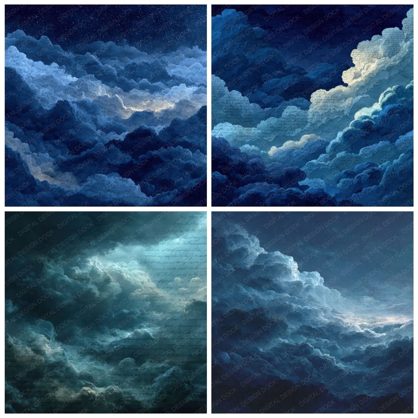 Midnight Script Cloud Background Digital Paper Pack (DDD000253)