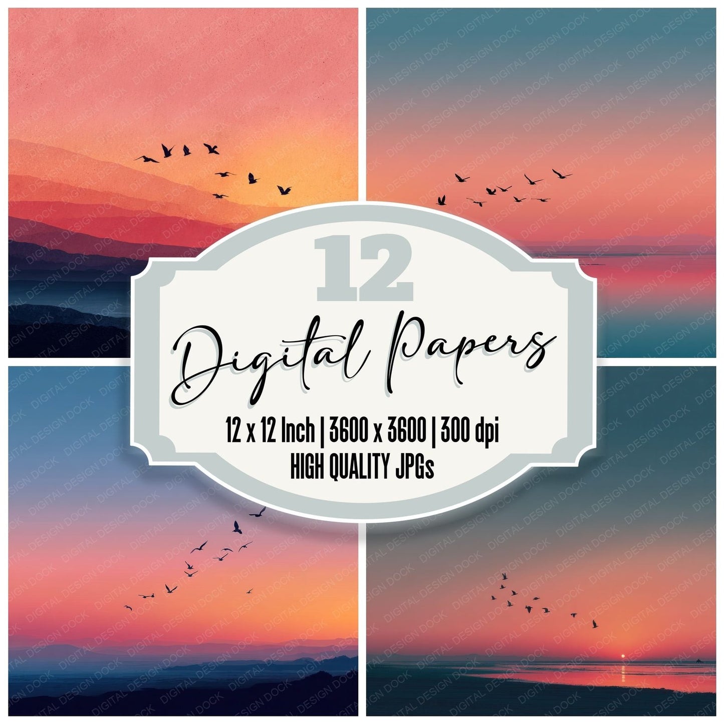 Birds Over Beach Sunset Background Digital Paper Pack (DDD000262)
