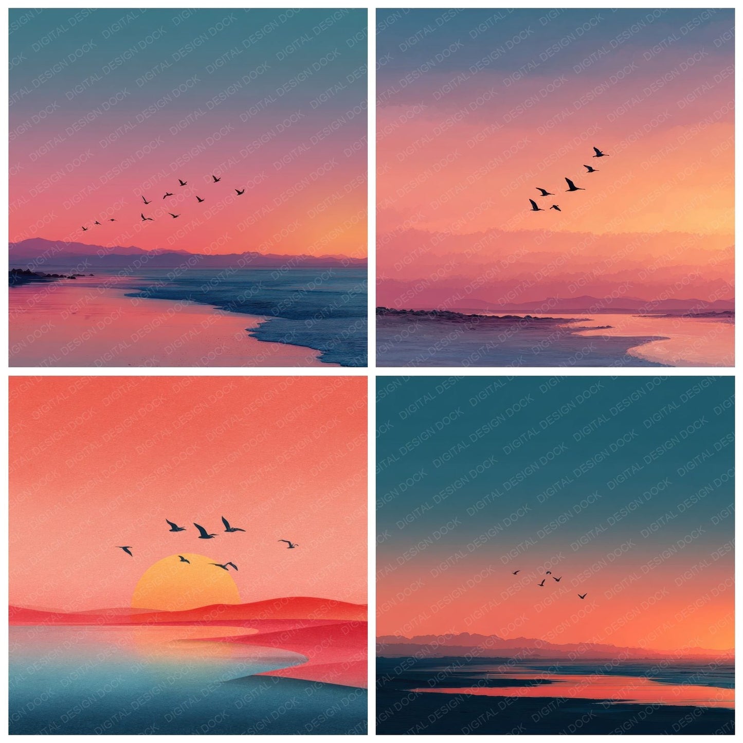 Birds Over Beach Sunset Background Digital Paper Pack (DDD000262)